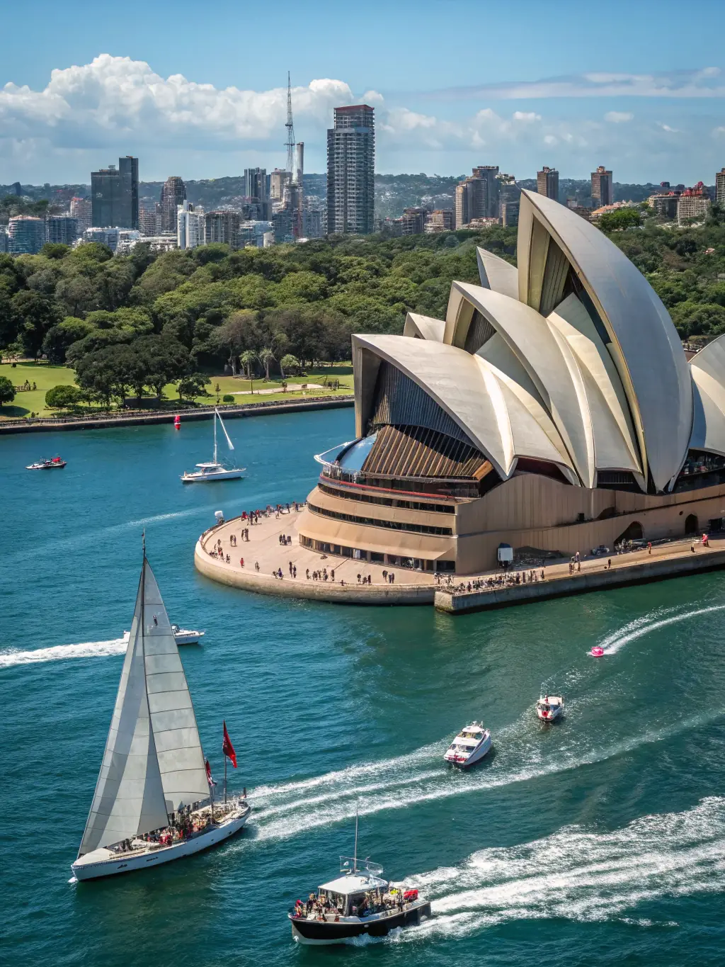 An image of the Sydney Opera House in Australia, with a car carrier ship in the harbor, showcasing DnA Auto Shipping's services to Australia.