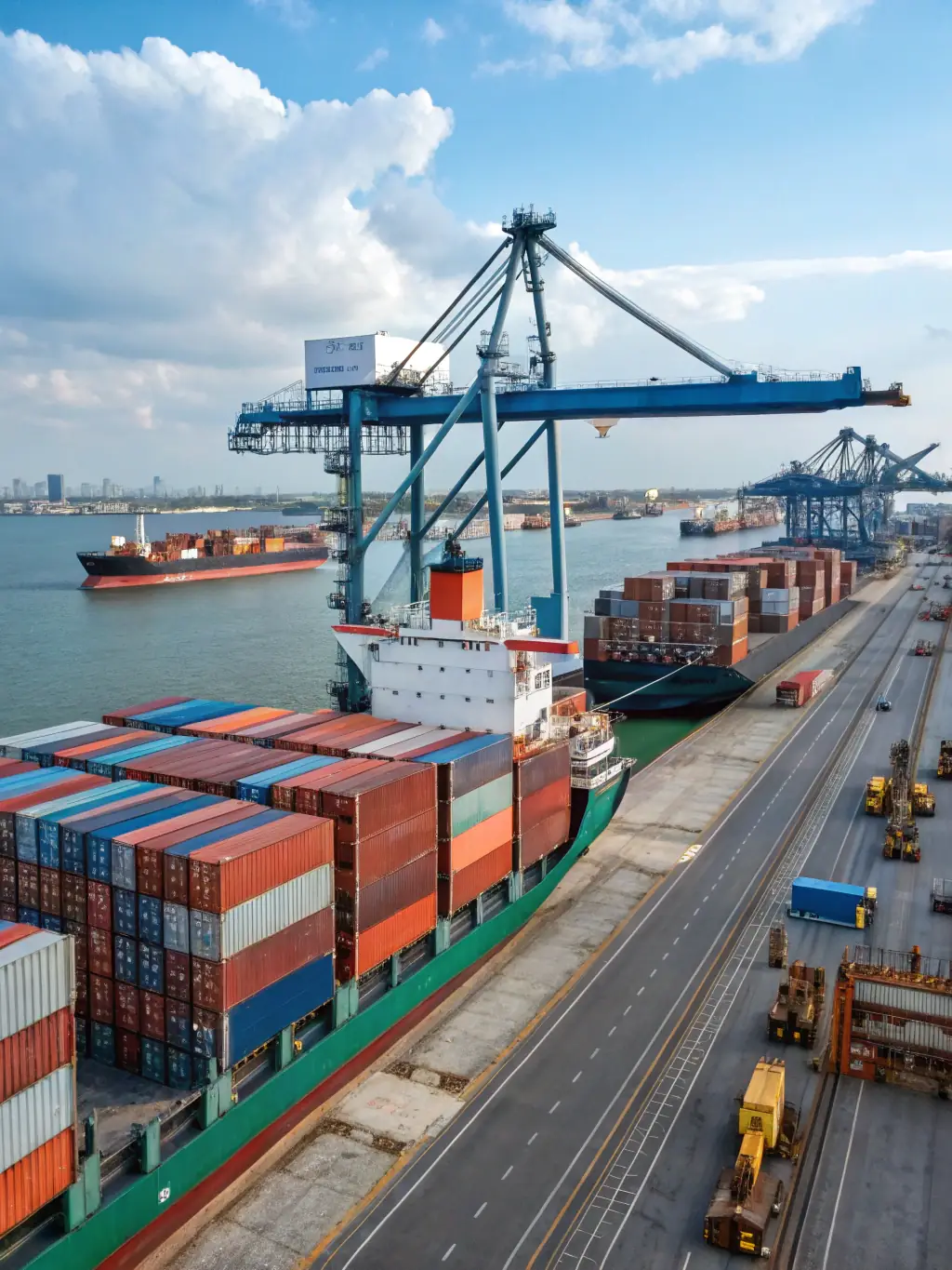 A car being unloaded from a shipping container at an overseas destination, with customs officials nearby overseeing the process.