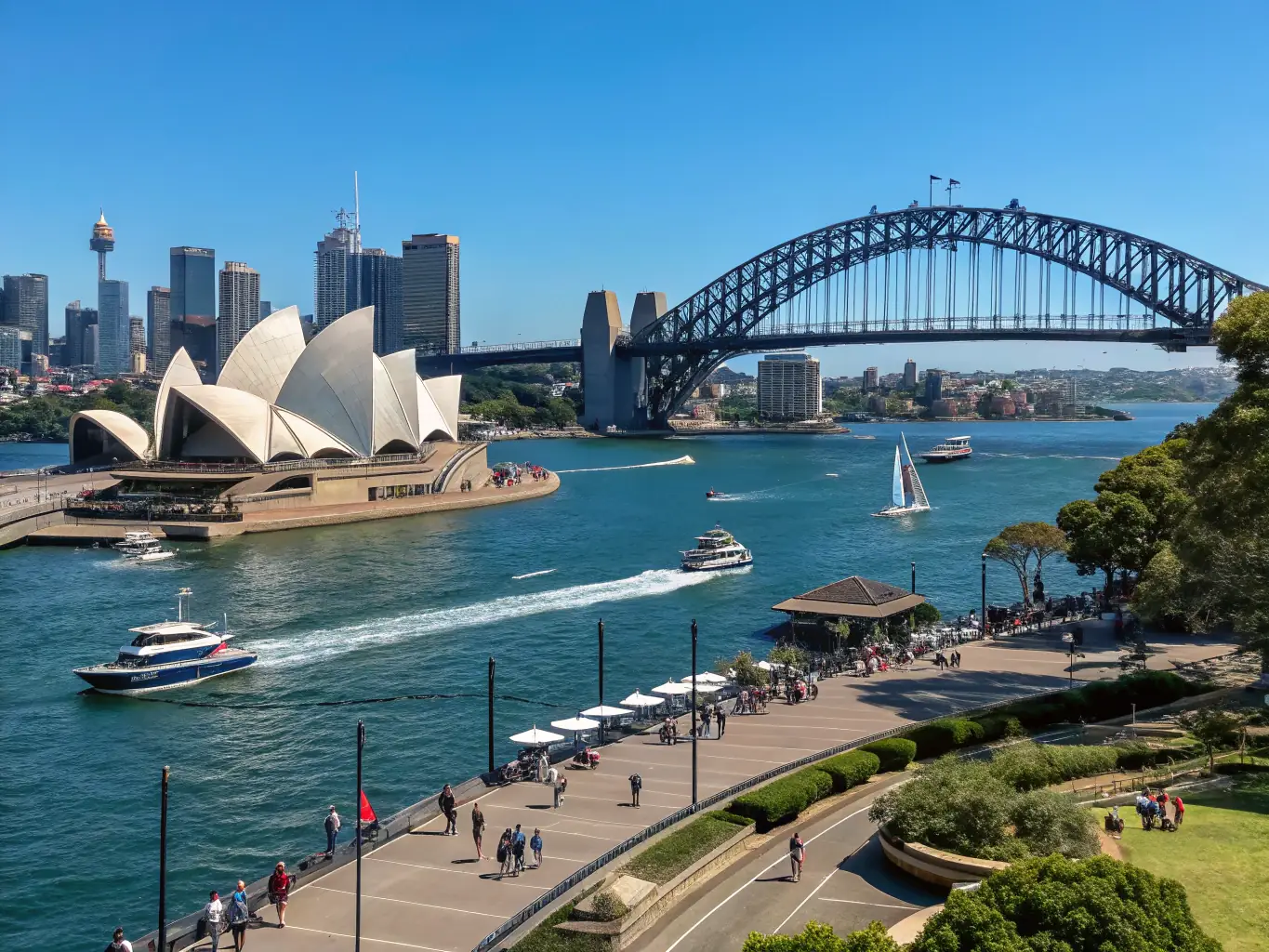 A sunny harbor scene in Sydney, Australia, with the Sydney Opera House and Harbour Bridge in the background, representing a key destination for DnA Auto Shipping.