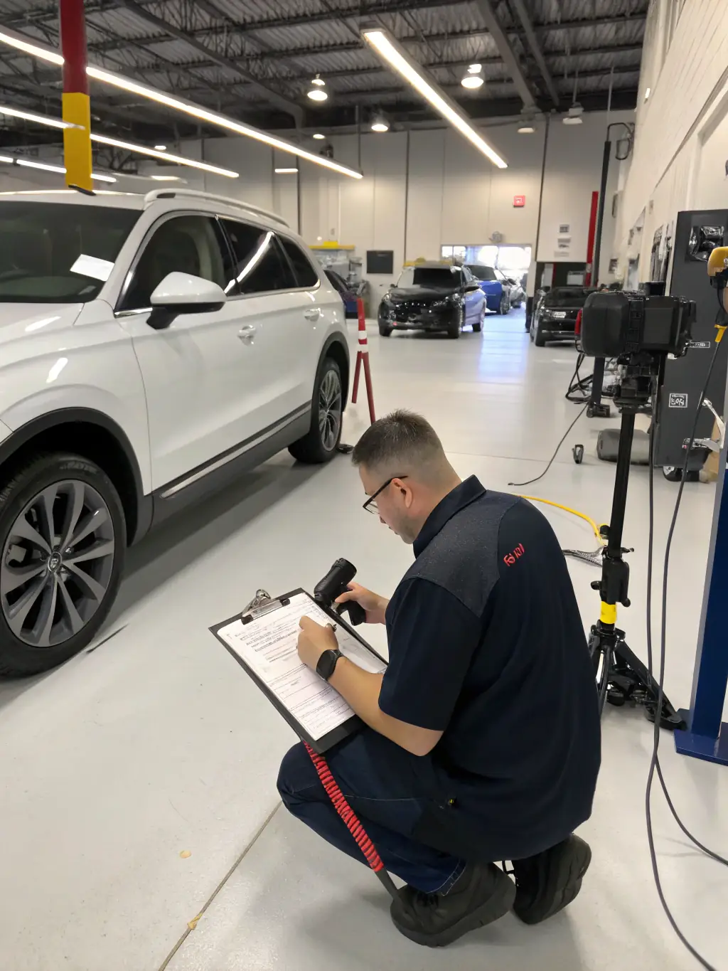 A DnA Auto Shipping employee inspecting a car, carefully documenting its condition before loading it for overseas transport.