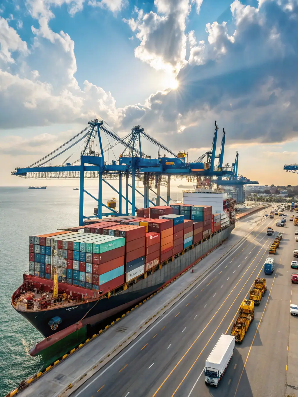 A high-quality photograph of a container ship arriving at a port in the USA, with the American flag visible in the background, symbolizing DnA Auto Shipping's service to the United States.