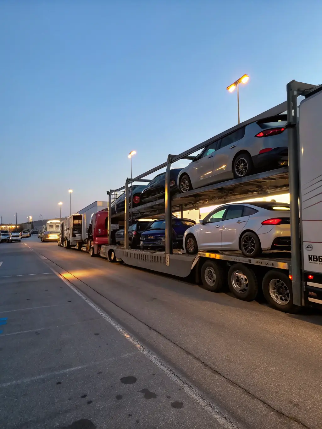 A scenic image of Vancouver, Canada, with cars being unloaded from a ship, representing DnA Auto Shipping's services to Canada.